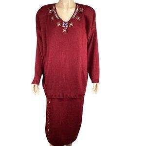 Vintage Embellished‎ Red Sweater & Skirt Set One Size Fits All OS Stretch